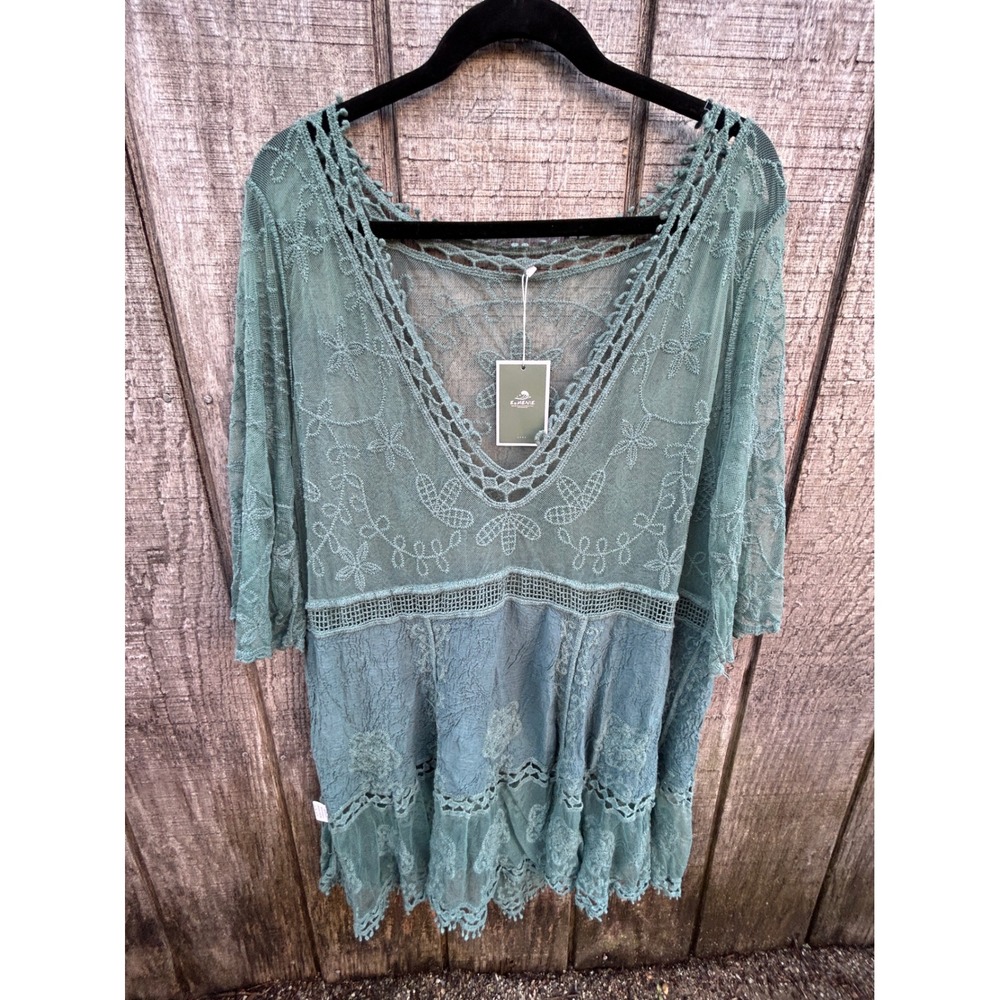 Eomenie Plus Size crochet lace Tunic Top Sage Green Lagenlook Boho Fairycore NWT
